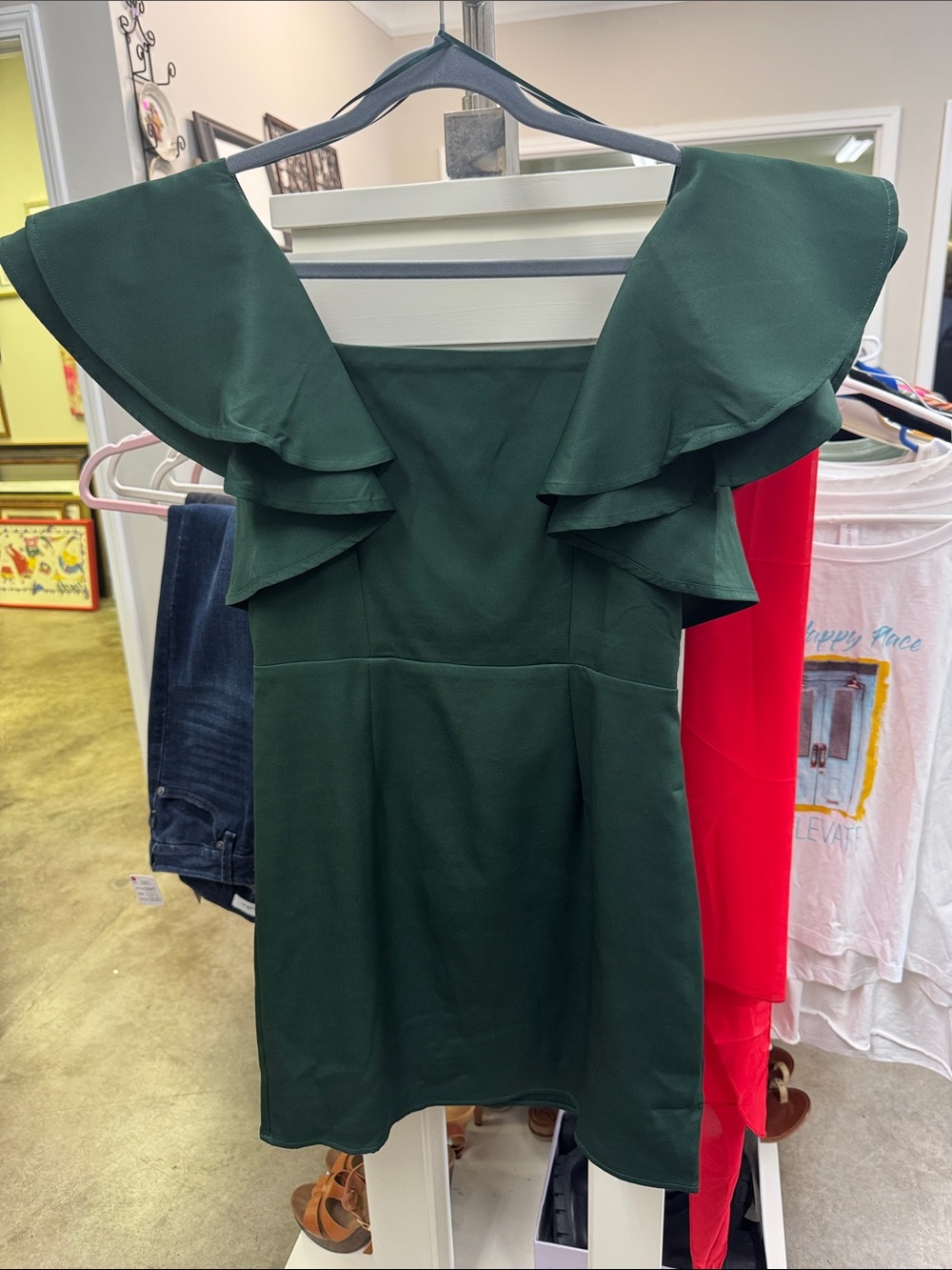 TCEC Dark Green Ruffle Sleeve Mini Dress